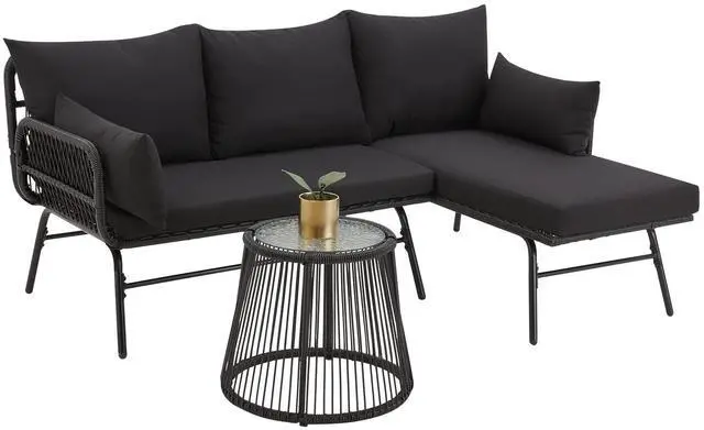 Main image of 3 Piece Patio Conversation Sets, L-Shaped Sectional Patio Furniture Sofa Set with Thick Cushions and Toughened Glass Coffee Table for Backyard Balcony Garden Porch, Black