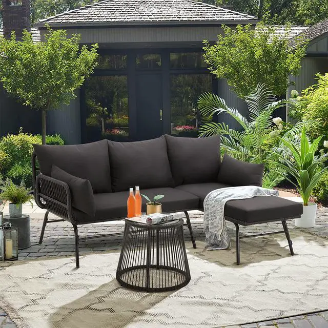 Alt view image 2 of 6 - 3 Piece Patio Conversation Sets, L-Shaped Sectional Patio Furniture Sofa Set with Thick Cushions and Toughened Glass Coffee Table for Backyard Balcony Garden Porch, Black