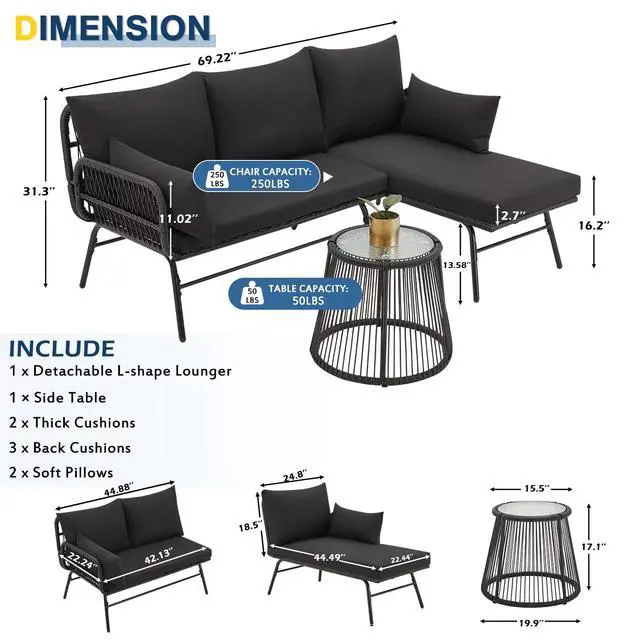 Alt view image 3 of 6 - 3 Piece Patio Conversation Sets, L-Shaped Sectional Patio Furniture Sofa Set with Thick Cushions and Toughened Glass Coffee Table for Backyard Balcony Garden Porch, Black