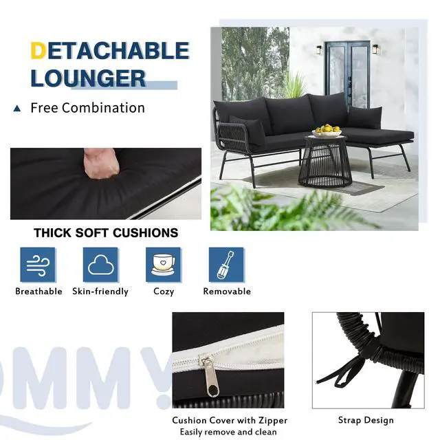 Alt view image 6 of 6 - 3 Piece Patio Conversation Sets, L-Shaped Sectional Patio Furniture Sofa Set with Thick Cushions and Toughened Glass Coffee Table for Backyard Balcony Garden Porch, Black