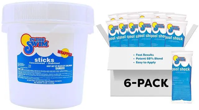 Main image of Chlorine and Shock Bundle for Sanitizing Swimming Pools Includes 10 Pound Bucket of 4-Inch Chlorine Sticks and 6 x 1 Pound Bags of 68% Cal-Hypo Pool Shock