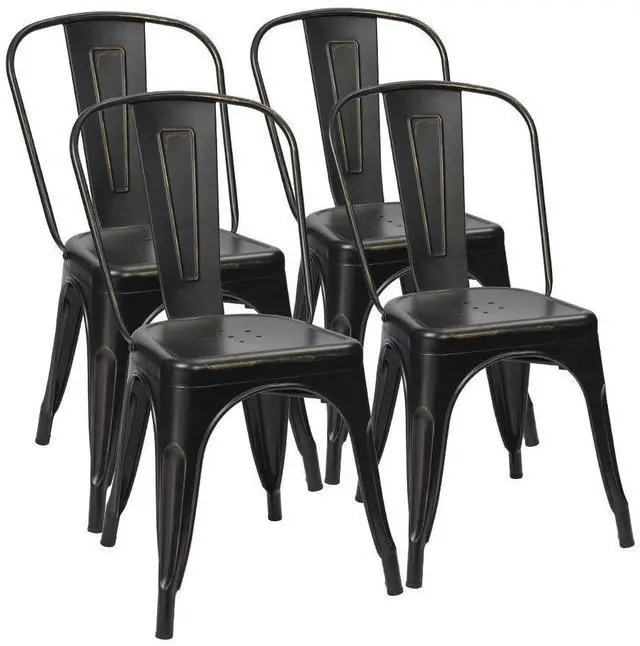 Main image of Metal Dining Chair Indoor Outdoor Use Stackable Chic Side Classic Trattoria Metal Chairs Set of 4 for Kitchen, Dining Room, Bistro and Cafe (Gold Black)
