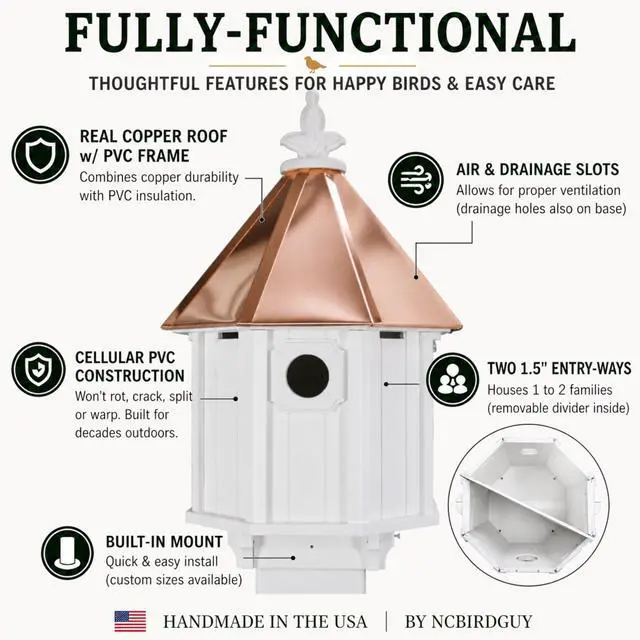 Alt view image 3 of 6 - Handmade Copper Roof Bluebird House for Bluebirds & Songbirds, Made in USA (H8C) (5.5" x 5.5" Mount)