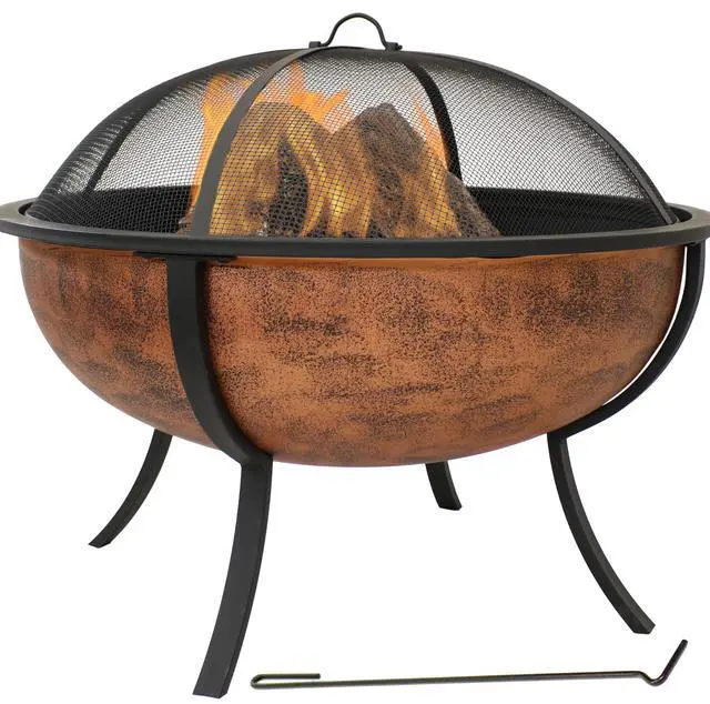 Main image of Sunnydaze 32-Inch Outdoor Wood-Burning Fire Pit for Patio, Backyard, Deck, Porch - Steel Metal Round Firepit for Outside with Spark Screen, Wood Grate, and Poker Tool - Copper
