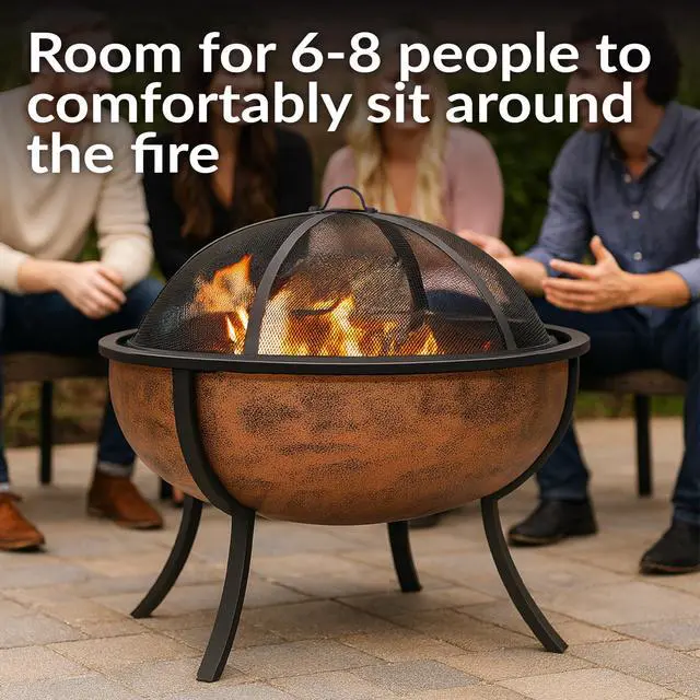 Alt view image 2 of 6 - Sunnydaze 32-Inch Outdoor Wood-Burning Fire Pit for Patio, Backyard, Deck, Porch - Steel Metal Round Firepit for Outside with Spark Screen, Wood Grate, and Poker Tool - Copper