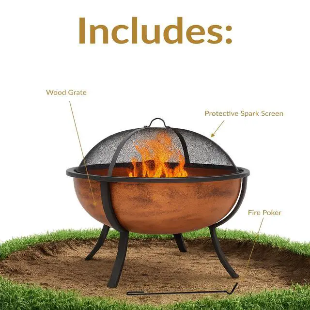 Alt view image 3 of 6 - Sunnydaze 32-Inch Outdoor Wood-Burning Fire Pit for Patio, Backyard, Deck, Porch - Steel Metal Round Firepit for Outside with Spark Screen, Wood Grate, and Poker Tool - Copper