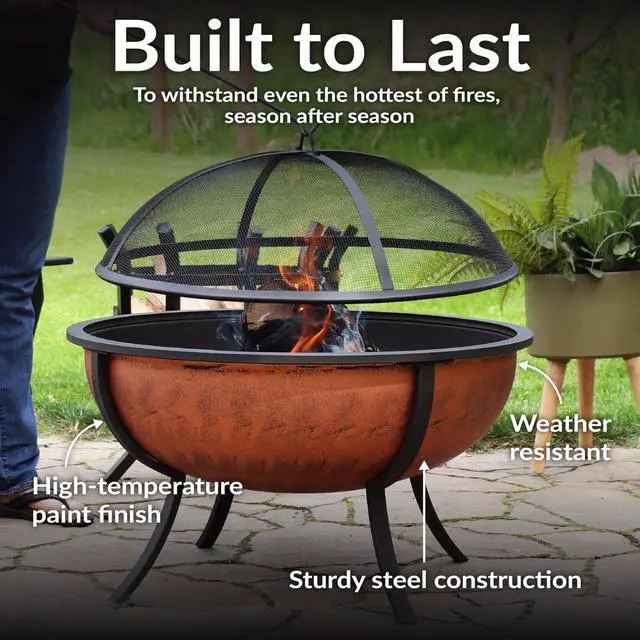 Alt view image 4 of 6 - Sunnydaze 32-Inch Outdoor Wood-Burning Fire Pit for Patio, Backyard, Deck, Porch - Steel Metal Round Firepit for Outside with Spark Screen, Wood Grate, and Poker Tool - Copper