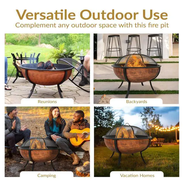 Alt view image 5 of 6 - Sunnydaze 32-Inch Outdoor Wood-Burning Fire Pit for Patio, Backyard, Deck, Porch - Steel Metal Round Firepit for Outside with Spark Screen, Wood Grate, and Poker Tool - Copper