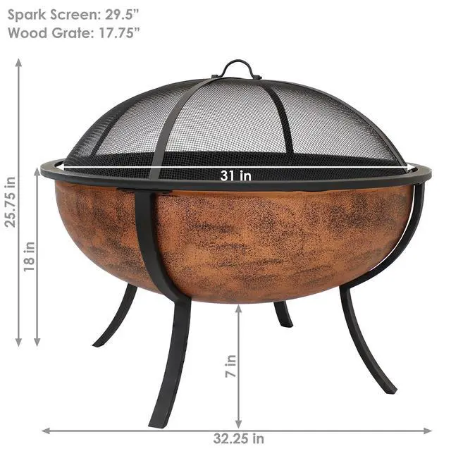 Alt view image 6 of 6 - Sunnydaze 32-Inch Outdoor Wood-Burning Fire Pit for Patio, Backyard, Deck, Porch - Steel Metal Round Firepit for Outside with Spark Screen, Wood Grate, and Poker Tool - Copper