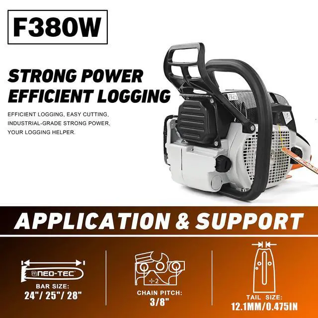 Alt view image 2 of 6 - F380W 72cc 2-Cycle Gasoline Power Chain Saws, 3.6KW 4.8HP Gas Chainsaw Fit for 24/25/28 inch Bar, All Parts Compatible with MS381 MS380 038 Neotec 872I without Bar