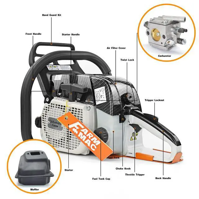 Alt view image 5 of 6 - F380W 72cc 2-Cycle Gasoline Power Chain Saws, 3.6KW 4.8HP Gas Chainsaw Fit for 24/25/28 inch Bar, All Parts Compatible with MS381 MS380 038 Neotec 872I without Bar