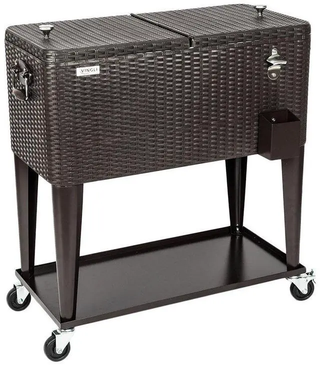 Main image of 80 Quart Rolling Ice Chest on Wheels, Portable Patio Party Bar Drink Cooler Cart, Wicker PP Rattan with Shelf, Beverage Pool with Bottle Opener