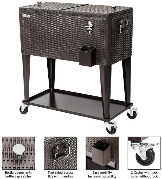 Alt view image 2 of 6 - 80 Quart Rolling Ice Chest on Wheels, Portable Patio Party Bar Drink Cooler Cart, Wicker PP Rattan with Shelf, Beverage Pool with Bottle Opener