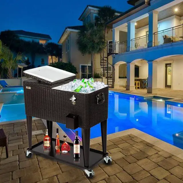 Alt view image 5 of 6 - 80 Quart Rolling Ice Chest on Wheels, Portable Patio Party Bar Drink Cooler Cart, Wicker PP Rattan with Shelf, Beverage Pool with Bottle Opener