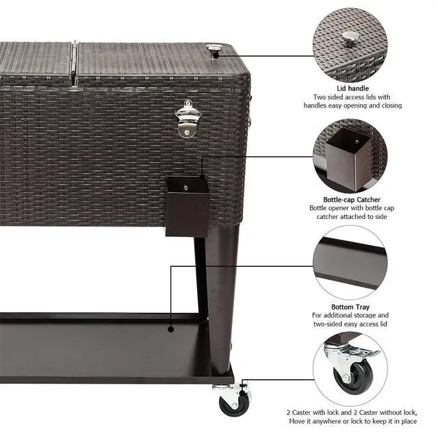 Alt view image 6 of 6 - 80 Quart Rolling Ice Chest on Wheels, Portable Patio Party Bar Drink Cooler Cart, Wicker PP Rattan with Shelf, Beverage Pool with Bottle Opener