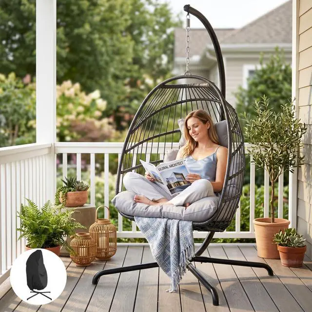 Main image of Wicker Hanging Egg Chair Outdoor with Stand and Cover, 350 Lbs All-Weather Rattan Swing Chair with Cushion, Outdoor Foldable Basket Hammock for Porch Patio Garden Balcony, Light Grey