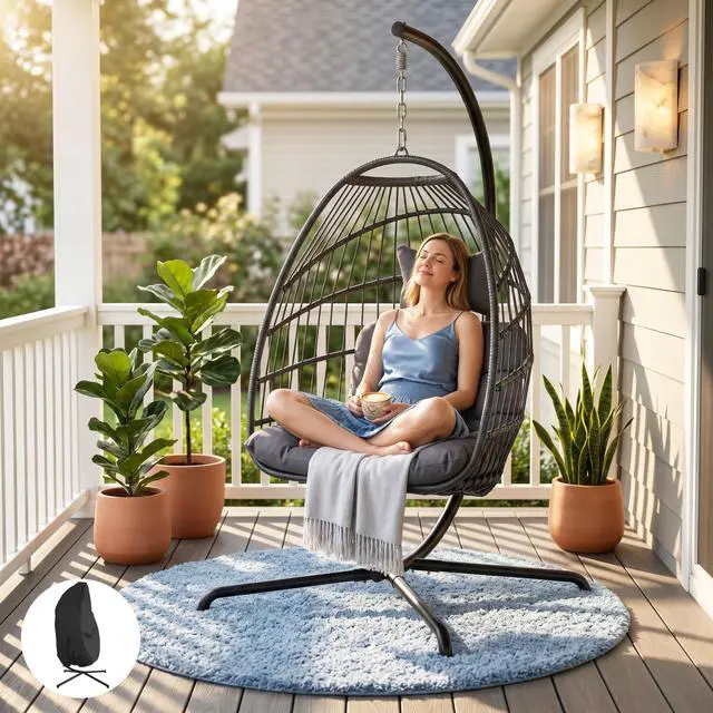 Main image of Patio Hanging Egg Chair with Stand and Water-Resistant Cover, 350 Lbs Durable Rattan Wicker Hammock Swing with Cushion, Foldable Basket for Outdoor Balcony Bedroom Porch, Dark Grey