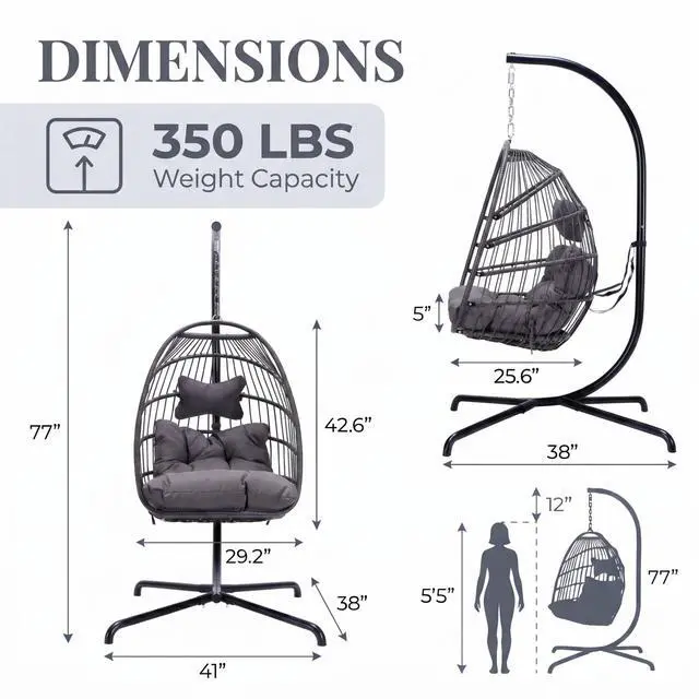 Alt view image 2 of 6 - Patio Hanging Egg Chair with Stand and Water-Resistant Cover, 350 Lbs Durable Rattan Wicker Hammock Swing with Cushion, Foldable Basket for Outdoor Balcony Bedroom Porch, Dark Grey