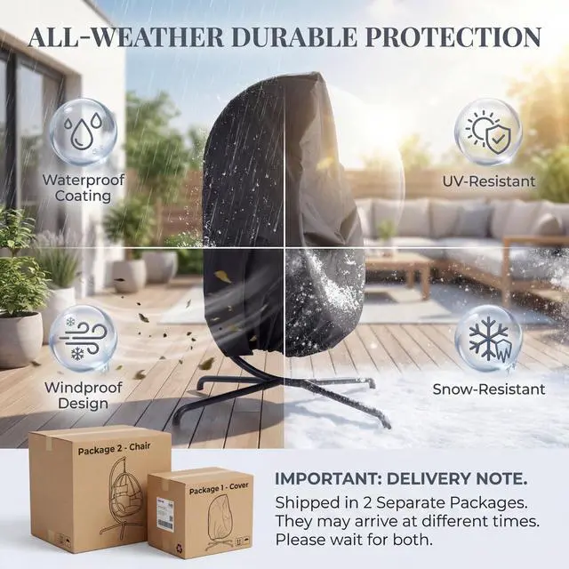 Alt view image 3 of 6 - Patio Hanging Egg Chair with Stand and Water-Resistant Cover, 350 Lbs Durable Rattan Wicker Hammock Swing with Cushion, Foldable Basket for Outdoor Balcony Bedroom Porch, Dark Grey