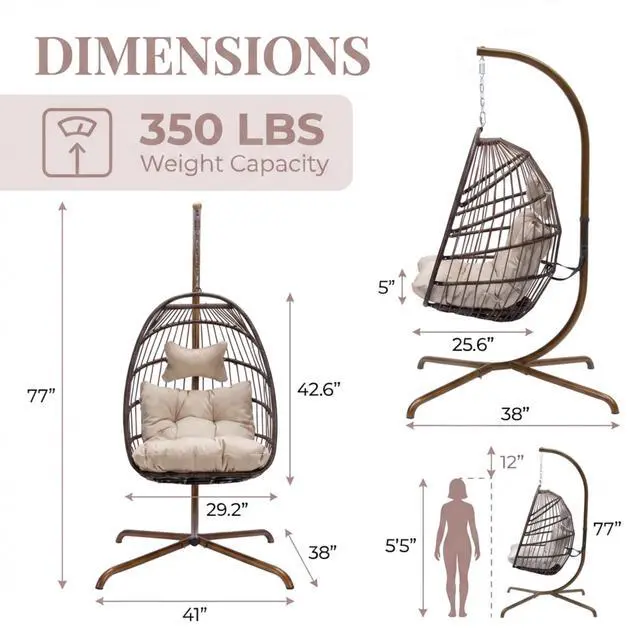 Alt view image 4 of 6 - Modern Swinging Egg Chair with Stand and Cover, 350 Lbs Indoor Outdoor Hanging Rattan Hammock Chair with Cushion, Freestanding Eggshell Basket for Patio Balcony Bedroom Deck Pool, Brown Tan