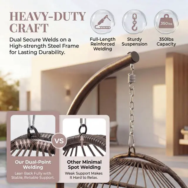 Alt view image 6 of 6 - Modern Swinging Egg Chair with Stand and Cover, 350 Lbs Indoor Outdoor Hanging Rattan Hammock Chair with Cushion, Freestanding Eggshell Basket for Patio Balcony Bedroom Deck Pool, Brown Tan