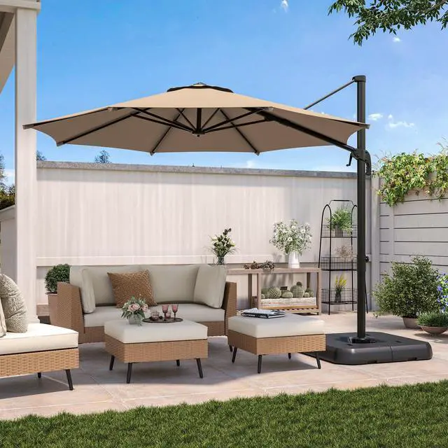 Alt view image 2 of 6 - Patio Umbrella Outdoor, 10 FT Cantilever Umbrella Aluminum Offset Umbrella with 360-degree Rotation for Backyard, Pool, Lawn, Deck (Round, Khaki)