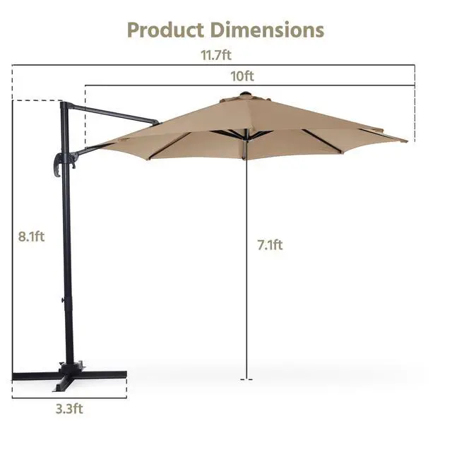 Alt view image 4 of 6 - Patio Umbrella Outdoor, 10 FT Cantilever Umbrella Aluminum Offset Umbrella with 360-degree Rotation for Backyard, Pool, Lawn, Deck (Round, Khaki)