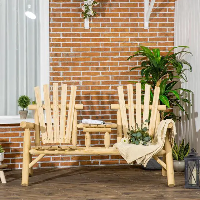 Alt view image 2 of 6 - 2-Seat Wooden Adirondack Chair, Patio Bench with Table, Outdoor Loveseat Fire Pit Chair for Porch, Backyard, Deck, Natural