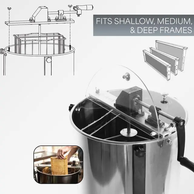 Alt view image 6 of 6 - Honey Extractor 2 Frame Rack, Food Grade Stainless Steel Honey Processing Equipment, Manual Crank Honeycomb Drum Spinner with Transparent Lid, BEE-V002