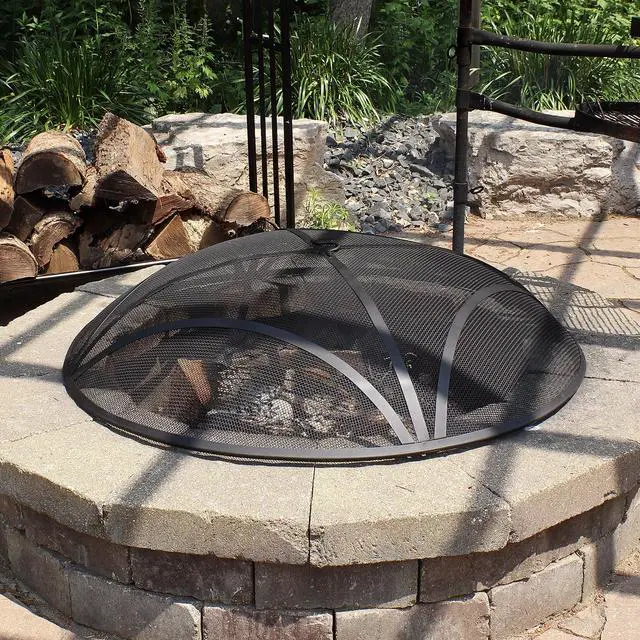 Alt view image 5 of 6 - Sunnydaze Outdoor Patio Fire Pit Screen - Reinforced Steel Mesh Round Fire Pit Spark Screen with Handle - 40" Diameter