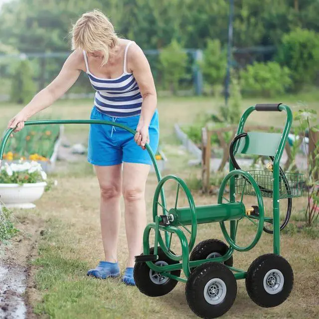 Alt view image 2 of 6 - Hose Reel Hold Up To 300 Ft Heavy Duty Garden Hose Reel Sturdy Water Hose Reel Cart with 4 Wheels Storage Basket for Garden Lawn Yard Outdoor (Green)