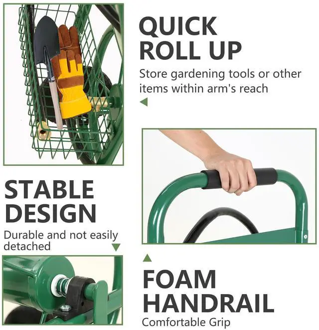 Alt view image 4 of 6 - Hose Reel Hold Up To 300 Ft Heavy Duty Garden Hose Reel Sturdy Water Hose Reel Cart with 4 Wheels Storage Basket for Garden Lawn Yard Outdoor (Green)