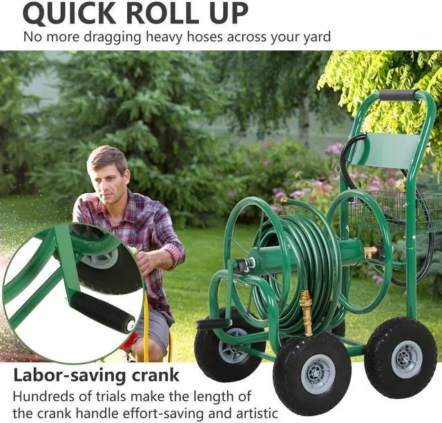 Alt view image 5 of 6 - Hose Reel Hold Up To 300 Ft Heavy Duty Garden Hose Reel Sturdy Water Hose Reel Cart with 4 Wheels Storage Basket for Garden Lawn Yard Outdoor (Green)