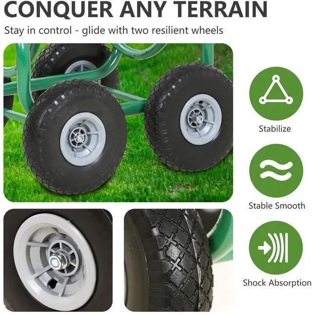 Alt view image 6 of 6 - Hose Reel Hold Up To 300 Ft Heavy Duty Garden Hose Reel Sturdy Water Hose Reel Cart with 4 Wheels Storage Basket for Garden Lawn Yard Outdoor (Green)