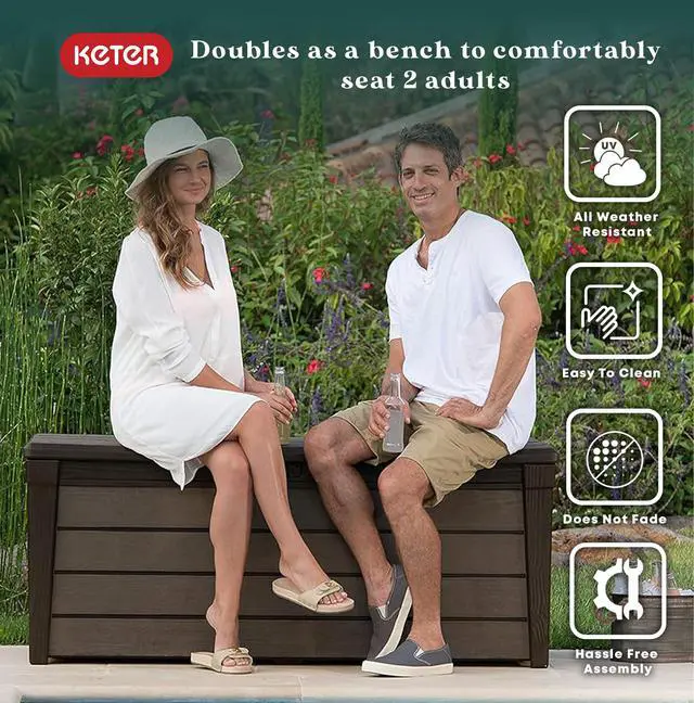 Alt view image 2 of 6 - Outdoor Storage Deck Box, for Patio, Backyard & Garden, Brushwood, 120 Gal, Brown - Lockable, Organizing, and Waterproof Plastic Container Bench