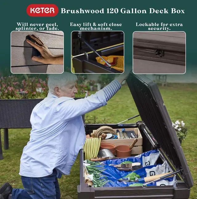 Alt view image 3 of 6 - Outdoor Storage Deck Box, for Patio, Backyard & Garden, Brushwood, 120 Gal, Brown - Lockable, Organizing, and Waterproof Plastic Container Bench