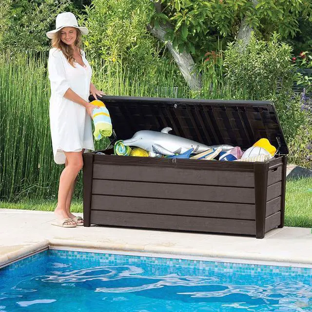 Alt view image 4 of 6 - Outdoor Storage Deck Box, for Patio, Backyard & Garden, Brushwood, 120 Gal, Brown - Lockable, Organizing, and Waterproof Plastic Container Bench