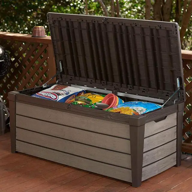 Alt view image 6 of 6 - Outdoor Storage Deck Box, for Patio, Backyard & Garden, Brushwood, 120 Gal, Brown - Lockable, Organizing, and Waterproof Plastic Container Bench