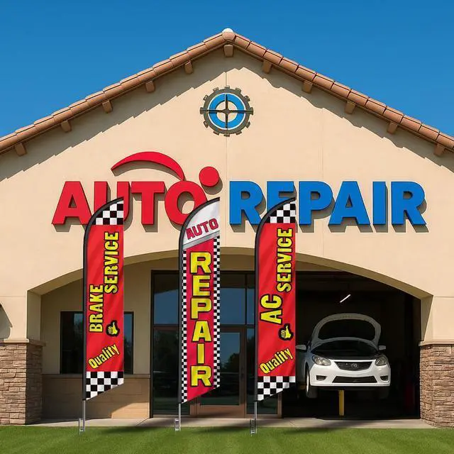 Alt view image 3 of 3 - Quality AC Service, Auto Repair, Brake Service, 3 Pack Advertising Package of Feather Banner Swooper Flag Kits with Ground Spikes