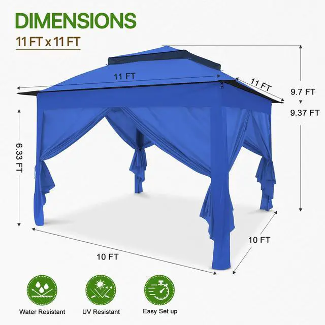 Alt view image 3 of 6 - 11x11 Pop Up Gazebo with 4 Sidewalls, Instant Outdoor Canopy Tent with UPF 50+ UV Protection, Water Resistant Shelter with Carry Bag, Stakes & Ropes, Blue
