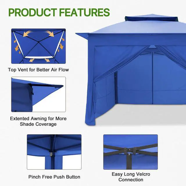 Alt view image 4 of 6 - 11x11 Pop Up Gazebo with 4 Sidewalls, Instant Outdoor Canopy Tent with UPF 50+ UV Protection, Water Resistant Shelter with Carry Bag, Stakes & Ropes, Blue