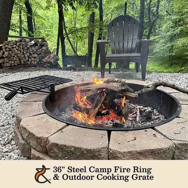 Alt view image 2 of 5 - Ash & Ember 36" Steel Fire Pit Ring with Cooking Grate, 15.5" x 19.5" Swivel Grate with Spring Handle, Steel Fire Ring & Campfire Grill Combo for Outdoor Cooking, Durable High-Temp Finish