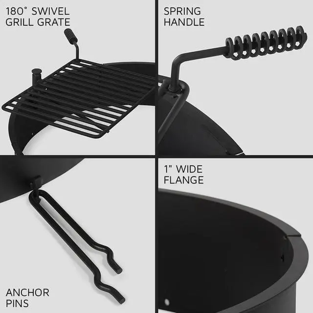 Alt view image 3 of 5 - Ash & Ember 36" Steel Fire Pit Ring with Cooking Grate, 15.5" x 19.5" Swivel Grate with Spring Handle, Steel Fire Ring & Campfire Grill Combo for Outdoor Cooking, Durable High-Temp Finish