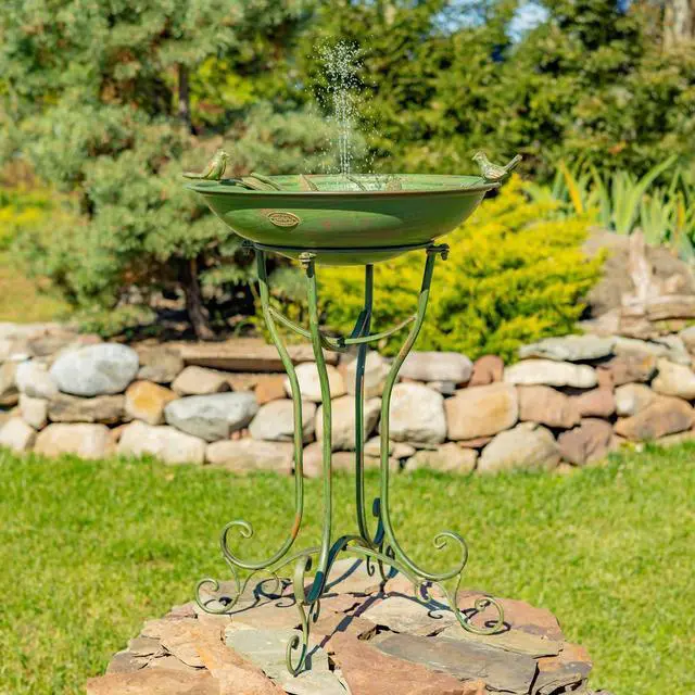 Main image of Deep Well Made Metal Birdbath with 2 Cast Iron Birds and Leaf Decoration (Verdi Green)