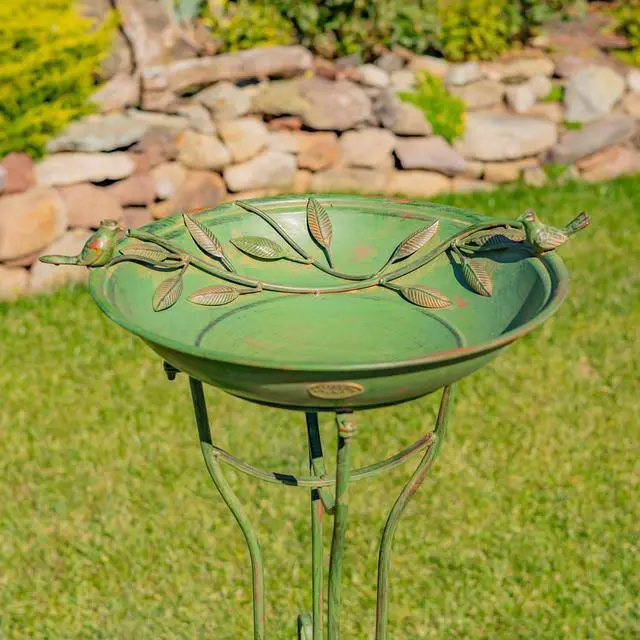 Alt view image 2 of 6 - Deep Well Made Metal Birdbath with 2 Cast Iron Birds and Leaf Decoration (Verdi Green)
