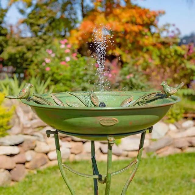 Alt view image 3 of 6 - Deep Well Made Metal Birdbath with 2 Cast Iron Birds and Leaf Decoration (Verdi Green)