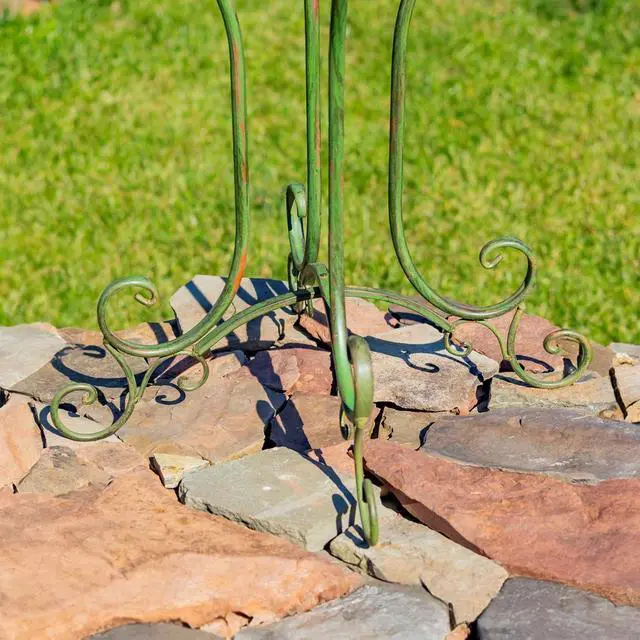 Alt view image 4 of 6 - Deep Well Made Metal Birdbath with 2 Cast Iron Birds and Leaf Decoration (Verdi Green)