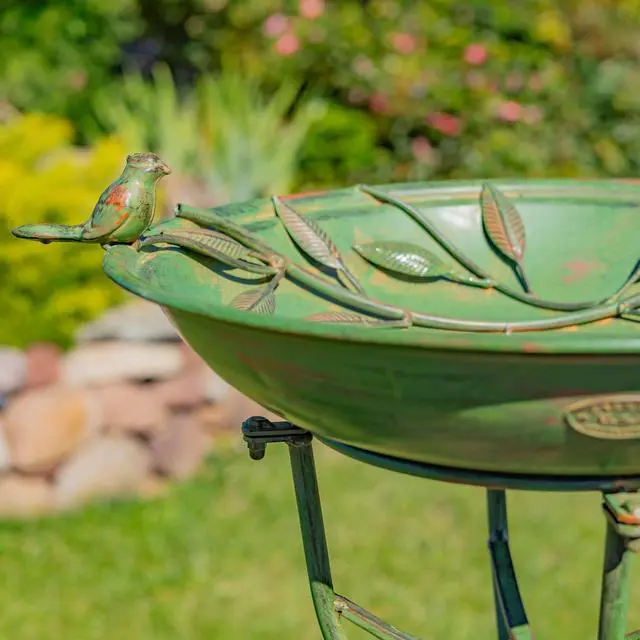 Alt view image 5 of 6 - Deep Well Made Metal Birdbath with 2 Cast Iron Birds and Leaf Decoration (Verdi Green)