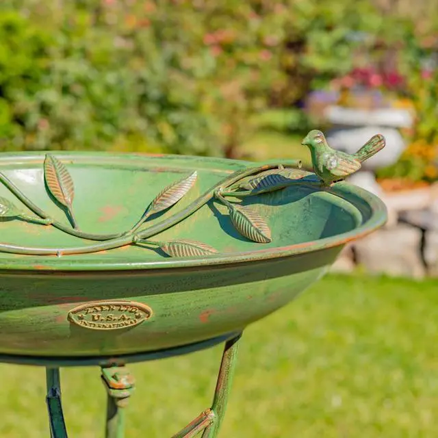 Alt view image 6 of 6 - Deep Well Made Metal Birdbath with 2 Cast Iron Birds and Leaf Decoration (Verdi Green)