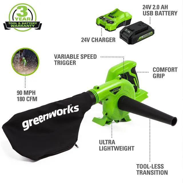 Alt view image 2 of 6 - 24V (90 MPH / 180 CFM / 200+ Compatible Tools) Cordless Shop Blower, 2.0Ah Battery and Charger Included